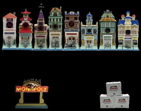 Dept 56 MONOPOLY - EIGHT BUILDING SET w/lighted sign and 3 adapters - ALL BOXED