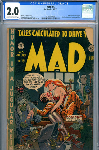 Mad #5 CGC graded 2.0 - WHITE PAGES Bill Elder "hanging" cover